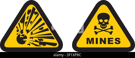 Yellow triangular warning signs indicating danger from explosive materials and active landmines in the area. Stock Vector