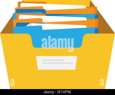 Illustration of a document storage box holding file folders for office filing, records management, archive, and organization. Stock Vector