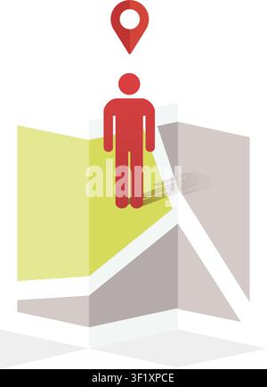 A minimalist flat illustration of a red stick figure standing on a folded paper map with a location marker overhead. Stock Vector
