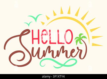 Hello Summer typography design with tropical sun and palm tree Stock Vector