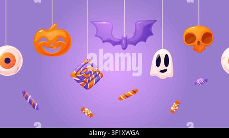 Cartoon Halloween banner. Seamless border with seasonal autumn festival sweets. Pumpkin, ghost, candies, lollipops and bat. Decorative design vector Stock Vector