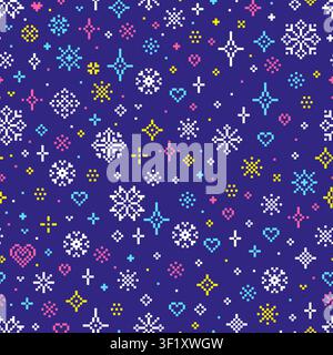 Abstract seamless pattern with pixel art elements. Pixelated snowflakes, hearts, stars. Decorative Christmas, winter print template, vector background Stock Vector