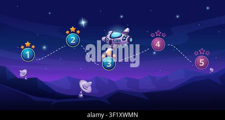 Futuristic spaceship flies to next level. Space explorations and universe adventures. Computer game cartoon planet landscape, travel, vector Stock Vector