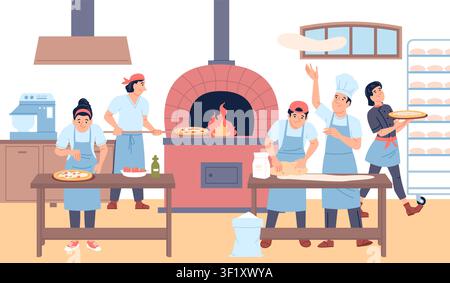 Italian pizzeria kitchen. Professional chefs making different pizza. Culinary, cafe, taverna workers. People cooking in open fire in stone oven Stock Vector