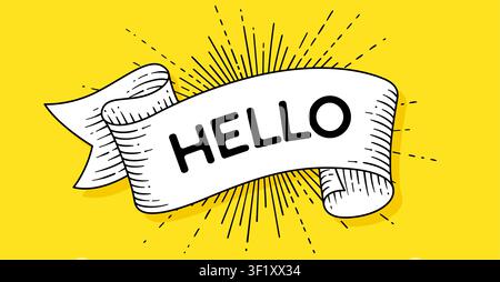 Hello. Banner ribbon. Vintage engraved Stock Vector
