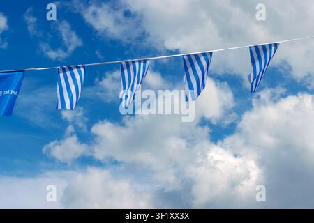 Tallinn, Estonia, August 31, 2024. Tallinn city flags and logo bunting against cloudy sky in Estonia Stock Photo