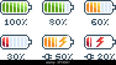 Battery charging process. Pixelated batteries, discharged and fully charged. No charge for electric car, phone, tablet, or computer. Indicators pixel Stock Vector