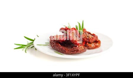 Dry Tomatoes on Plate Isolated, Sun Dried Pomodoro Pile, Dehydrated Tomato In Olive Oil, Cured Sundried Vegetable Slices, Dry Plum Tomatoes, Italian S Stock Photo