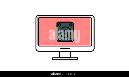 Desktop computer hard drive icon: PC workstation displaying storage disk symbol on screen, modern offset color line art vector illustration for data b Stock Vector
