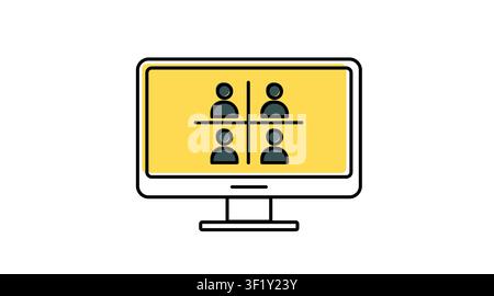 Desktop computer video conference icon: PC workstation displaying online meeting and virtual call with user participants on screen, modern offset colo Stock Vector