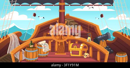 Ship deck. Old wooden pirate sailboat steering wheel, mast board captain helm cannon sails rope treasure map adventure island sea cartoon game background classy vector illustration original artwork Stock Vector