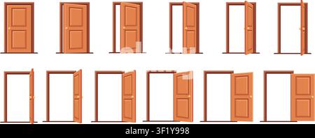 Opened door animation. Open close wooden doors sequence frame, 2d 3d game apartment ajar house wood entrance room interior office exit cartoon isolated neat vector illustration original artwork Stock Vector