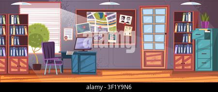 Detective office. Investigator cabinet cartoon interior, police inspector room department station detective agency sleuth bureau work desk crime board, classy vector illustration original artwork Stock Vector