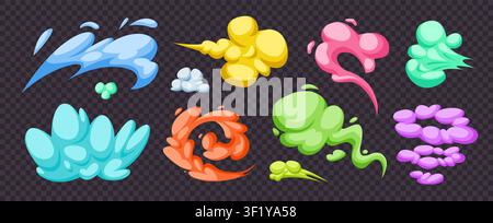 Cartoon colorful smoke. Magic smog trail cloud puff dust car speed colored tire flame splash action shape effect comic bubble disappear smog dust qualitative vector illustration original artwork Stock Vector
