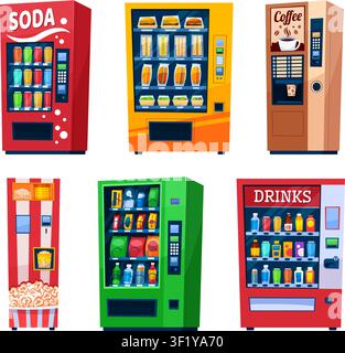 Vending machines. Automatic snack dispenser, vendor food retro machines 90s snacks coffee drink candy soda water beverage juice sandwich bar cartoon qualitative vector illustration original artwork Stock Vector
