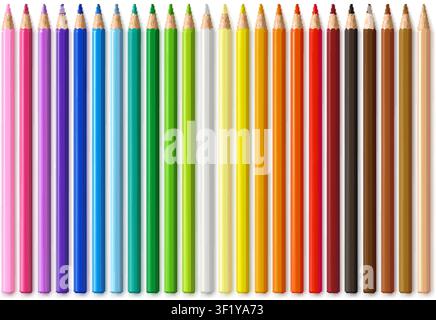 Colored pencils realistic. Wooden pencils, colorful pen child draw tool school supplies stationary red blue green brown white black color 3d isolated set garish vector illustration original artwork Stock Vector