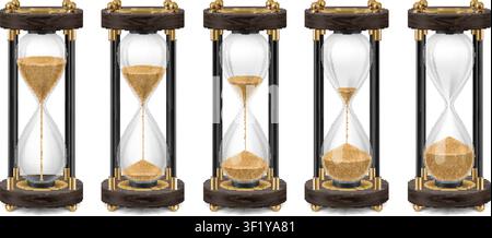 Sand clock realistic. 3d hourglass animation, old glass timer hour countdown vintage gold wood retro second minute sandy flow patience deadline antique garish vector illustration original artwork Stock Vector