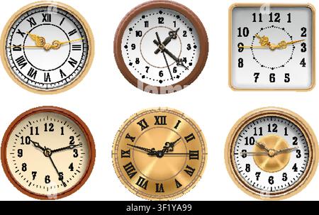 Antique clock faces. Vintage watch face, old dial pointer roman numeral time hour minute second elegant hand victorian tower chronometer clockwork set garish vector illustration original artwork Stock Vector