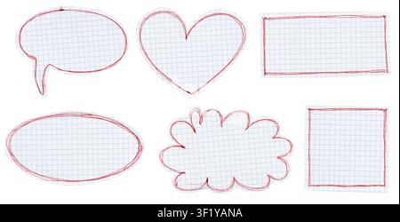 set of blank grid paper notes in various shapes with red hand drawn frames isolated on white background Stock Photo