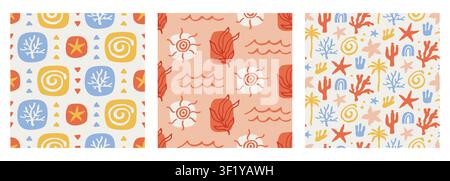 Coastal boho summer seamless vector pattern set Stock Vector
