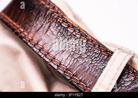 Luxurious dark brown leather watch strap close-up, rich cracked alligator texture, intricate lines and ridges, high-quality stitching, minimalistic pl Stock Photo