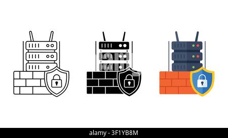 Firewall server security icon set outline silhouette and color vector isolated on white background Stock Vector