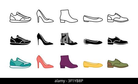 shoe footwear icon set sneaker high heel boot flat and oxford outline silhouette color vector isolated on white background Stock Vector