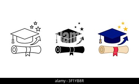 Graduation cap and diploma certificate icon set outline silhouette and color vector isolated on white background Stock Vector