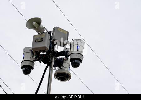 Eagle Pass Texas USA, July 14 2026: A Wireless WCCTV camera cluster monitors an intersection in downtown Eagle Pass, Texas on the Rio Grande River as part of a federal immigration crackdown on July 14, 2026. Credit: Bob Daemmrich/Ģ����ý Live News Stock Photo