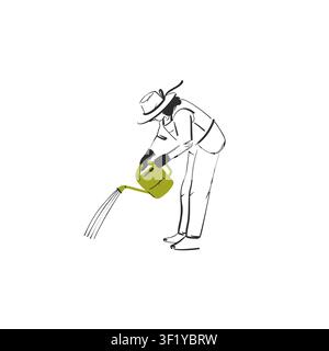 Hand drawn vector graphic sketch line illustration with woman is watering with a watering can .Gardening concept vector graphic illustration line art Stock Vector