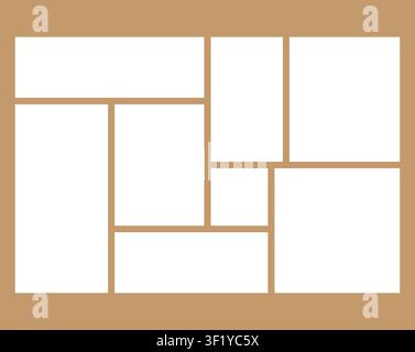 A modern layout featuring an asymmetrical grid of rectangular and square frames framed by an elegant light brown border for photos and artwork. Stock Vector