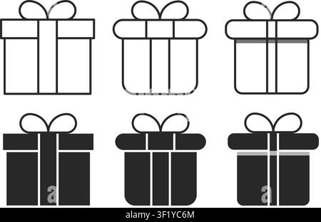 A set of six gift box icons displayed in outline and solid silhouette styles. Ideal for holiday shopping, birthday presents, and celebration designs. Stock Vector