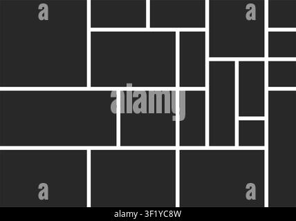 A minimalist black and white moodboard template featuring various square and rectangular frames for organizing artistic photography and portfolio desi Stock Vector