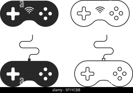 A minimalist collection of gamepad icons featuring both solid and line art versions of wired and wireless gaming controllers on a white background. Stock Vector