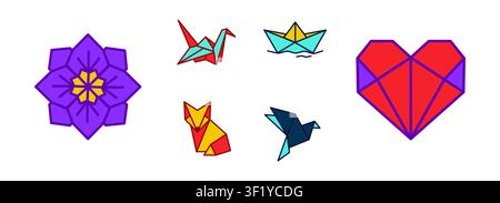 Origami icon set with paper crane, fox, boat, heart, flower and bird folded paper illustrations vector Stock Vector