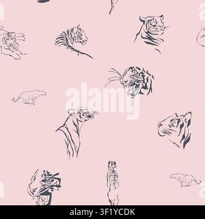 Hand drawn vector graphic line art seamless pattern with sketch tigers and wild animals .Vector illustration of exotic nature outline pattern line Stock Vector