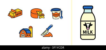Dairy product icon set featuring milk bottle, butter, cheese, yogurt, farm and butter knife illustrations for grocery, food packaging and agricultural Stock Vector