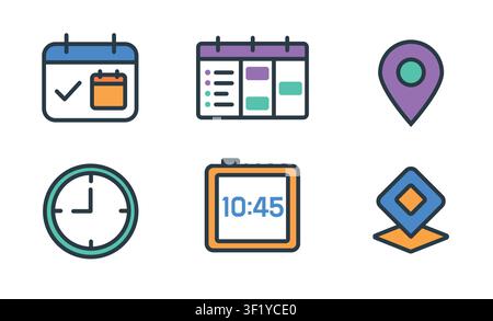 Calendar, planner, clock, smartwatch and location pin icon set for scheduling, appointments, navigation and productivity applications vector Stock Vector
