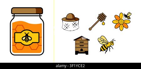 Beekeeping icon set featuring honey jar, beehive, honey dipper, honeycomb, bee and flower illustrations for apiary, organic farming and honey. Stock Vector