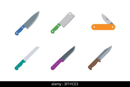 Kitchen knife icon set featuring chef knife, cleaver, utility knife, bread knife, paring knife and folding pocket knife for cooking and culinary desig Stock Vector