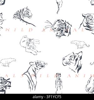 Hand drawn vector graphic line art seamless pattern with sketch tigers and wild animals .Vector illustration of exotic nature outline pattern line Stock Vector