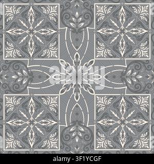 Gray Ornamental Tile Seamless Pattern with Cream Floral Medallions Stock Vector