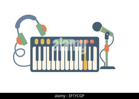 Music production icon featuring MIDI keyboard, studio microphone and headphones for audio recording, podcasting, music creation and home studio setup Stock Vector