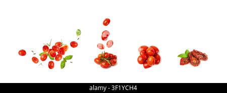 Falling Pickled Cherry Tomatoes Isolated, Flying Small Tomato, Healthy Fermented Vegetables, Salted Marinated Food, Pickled Tomatoes on White Backgrou Stock Photo