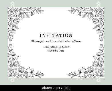 Elegant floral invitation card template with hand drawn botanical border, decorative flower frame and minimalist layout for weddings, celebrations and Stock Vector