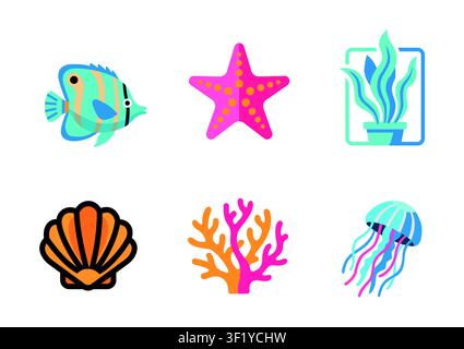 Marine life icon set with tropical fish, starfish, seashell, coral, jellyfish and seaweed illustrations for ocean, aquarium and underwater design. Stock Vector