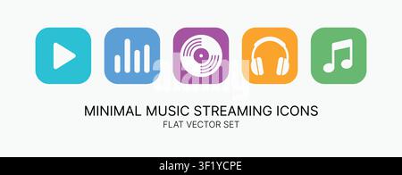 Minimal music streaming icon set with play button, equalizer, vinyl record, headphones and music note symbols for audio apps and media platforms. Stock Vector