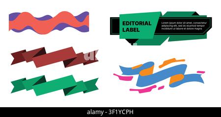 Abstract ribbon banner and label template set with folded paper ribbons, paint brush strokes and modern promotional badge designs vector Stock Vector