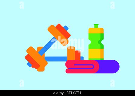 Fitness equipment icon featuring dumbbells, water bottle and exercise towel for gym workouts, strength training and healthy lifestyle illustrations. Stock Vector