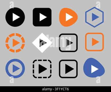 Play button icon set with media player symbols, video playback controls and streaming interface elements in multiple modern styles vector Stock Vector